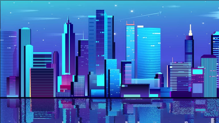 未来科技科幻霓虹灯渐变绚丽城市建筑夜景灯光插画AI/PSD设计素材100套【021】